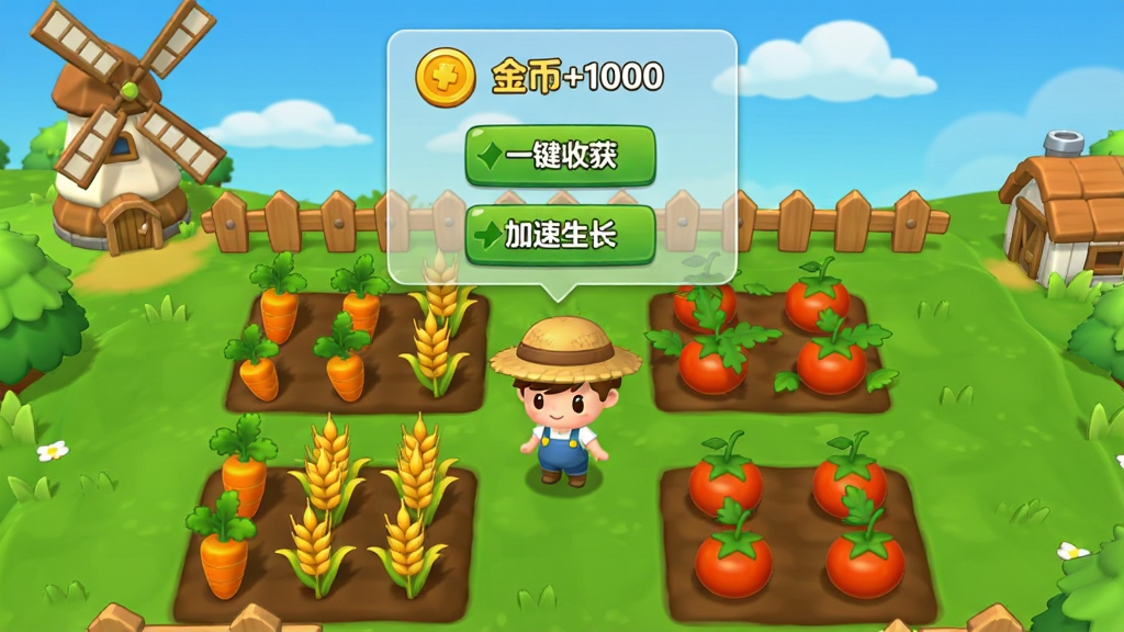一幅竖版手机游戏界面截图,画面主体是一片卡通风格的绿色农场,田地整齐排列,种有胡萝卜、小麦和番茄,农场中央站立一个戴草帽的Q版小人,上方悬浮一个半透明辅助菜单面板,面板上有“金币+1000”“一键收获”“加速生长”等按钮,布局清晰,排版紧凑,风格为清新可爱的2D卡通风,细节包括木栅栏、风车、蓝天白云,画质高清,干净整洁,无多余元素