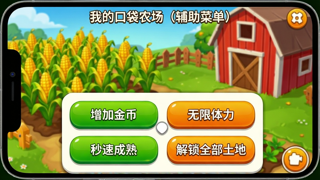 一张手机屏幕特写图,画面中央是“我的口袋农场(辅助菜单)”游戏界面,底部弹出一个圆角矩形的辅助菜单浮窗,菜单内包含“增加金币”“无限体力”“秒速成熟”“解锁全部土地”四个彩色按钮,按钮为绿色和橙色渐变,背景是卡通农场场景,有成熟的玉米地和红色谷仓,风格为明快活泼的2D游戏UI风,画质清晰,布局简洁,无多余元素
