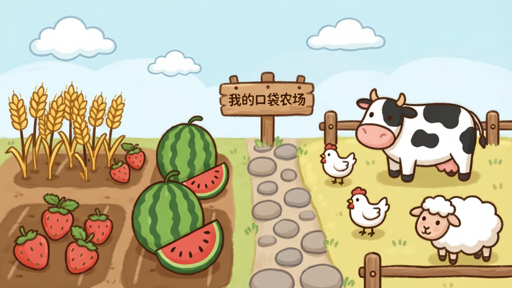 一张卡通风格农场全景图,画面分为左右两部分,左侧是种植区,田地里长着小麦、草莓和西瓜,右侧是养殖区,有白色小鸡、黑白花奶牛和绵羊,中间有一条石子小路,路边立着木牌写着“我的口袋农场”,天空是淡蓝色,飘着几朵白云,风格为温馨治愈的2D手绘卡通风,画质高清,色彩柔和,干净无杂乱