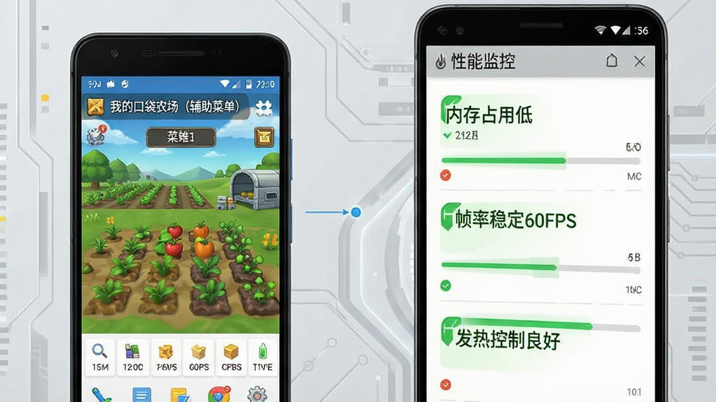一张手机性能对比示意图,画面左侧是一部普通安卓手机,屏幕上显示“我的口袋农场(辅助菜单)”游戏画面流畅运行,右侧是性能监控面板,显示“内存占用低”“帧率稳定60FPS”“发热控制良好”等绿色标签,背景为浅灰色科技风,风格为简洁的信息图风格,画质清晰,排版整齐,无多余装饰