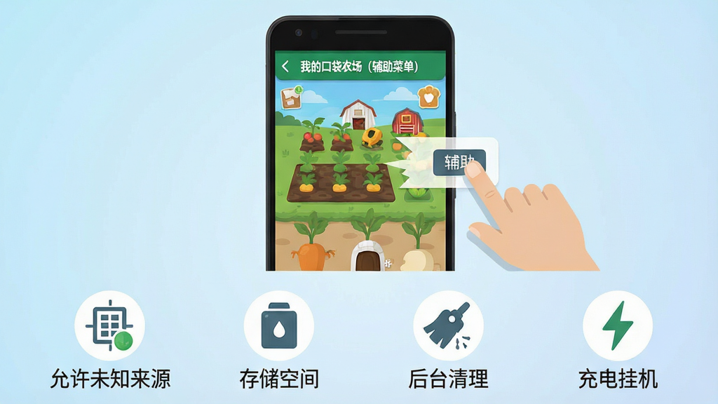 一张手机操作示意图,画面展示一部安卓手机屏幕,屏幕上显示“我的口袋农场(辅助菜单)”游戏界面,旁边有手指点击辅助菜单按钮的动作示意,画面下方有四个小图标分别代表“允许未知来源”“存储空间”“后台清理”“充电挂机”,风格为扁平化教程插图风,背景为浅蓝色渐变,画质清晰,布局直观,无多余元素