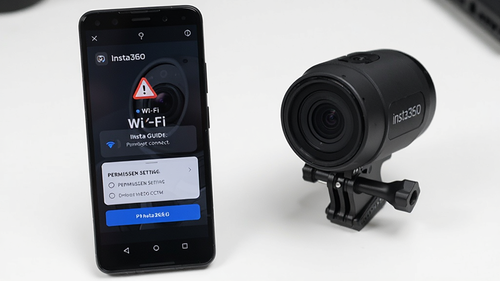 一部安卓手机显示Insta360应用的新手引导界面,屏幕上有Wi-Fi连接提示和权限设置选项,手机旁边放着一台Insta360全景相机,背景是简洁的白色桌面,布局为手机正面展示,排版清晰,风格为教程说明风,细节包括屏幕上的红色警告图标和蓝色按钮,画质清晰,干净,无多余元素