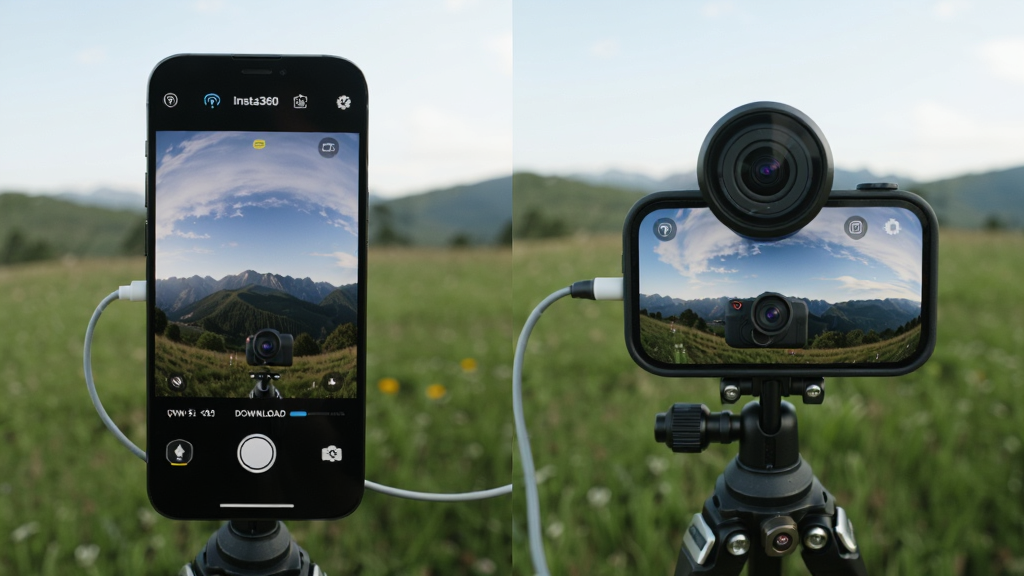 一部手机通过Wi-Fi连接Insta360全景相机,手机屏幕显示全景预览画面,画面中有山脉和天空,相机放在三脚架上,背景是户外草地,布局为左右分屏展示手机与相机,排版简洁,风格为户外运动风,细节包括手机屏幕上的连接图标和下载进度条,画质清晰,干净,无多余元素