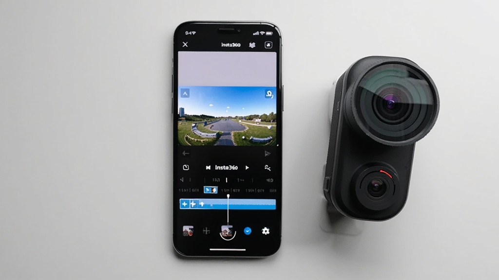 画面中央展示一部智能手机,屏幕上显示Insta360全景相机应用界面,界面中有全景视频预览窗口和剪辑时间线,手机旁边摆放一台Insta360全景相机,背景是简洁的浅灰色桌面,布局为产品展示风格,排版居中,风格为现代科技感,细节包括手机屏幕上的蓝色进度条和相机镜头反光,画质清晰,干净,无多余元素