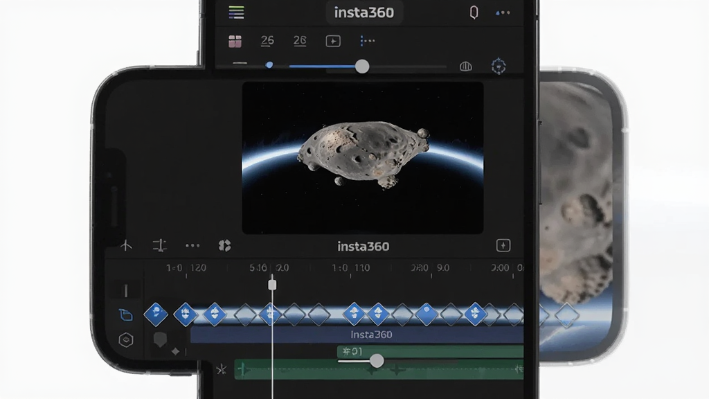 手机屏幕显示Insta360应用的关键帧编辑界面,时间线上有多个菱形关键帧标记,预览窗口显示小行星视角的全景画面,背景是深色编辑界面,布局为上下结构,上方预览下方时间线,风格为专业剪辑软件风,细节包括蓝色关键帧图标和视角调整滑块,画质清晰,干净,无多余元素