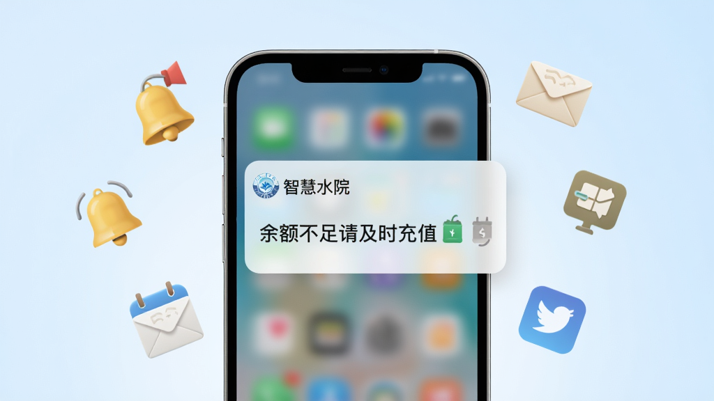 手机屏幕弹出“智慧水院”消息通知卡片,通知内容显示“余额不足请及时充值”,手机周围有铃铛、信封等通知图标漂浮,背景为淡蓝色渐变,风格清新简洁,布局居中,细节生动,画质高清,干净无多余元素