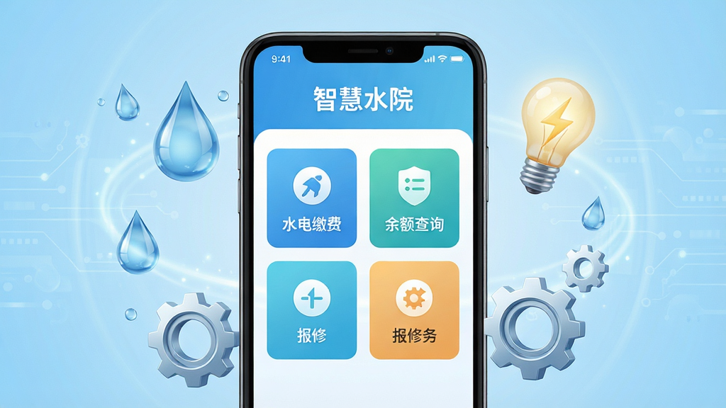 画面中央展示一部智能手机,手机屏幕上显示“智慧水院”应用主界面,界面包含水电缴费、余额查询、报修服务等功能模块图标,手机周围环绕水滴、电灯泡、齿轮等象征水电与智能管理的元素,背景为浅蓝色渐变科技风格,布局简洁对称,风格现代清新,细节精致,画质高清,干净无多余元素