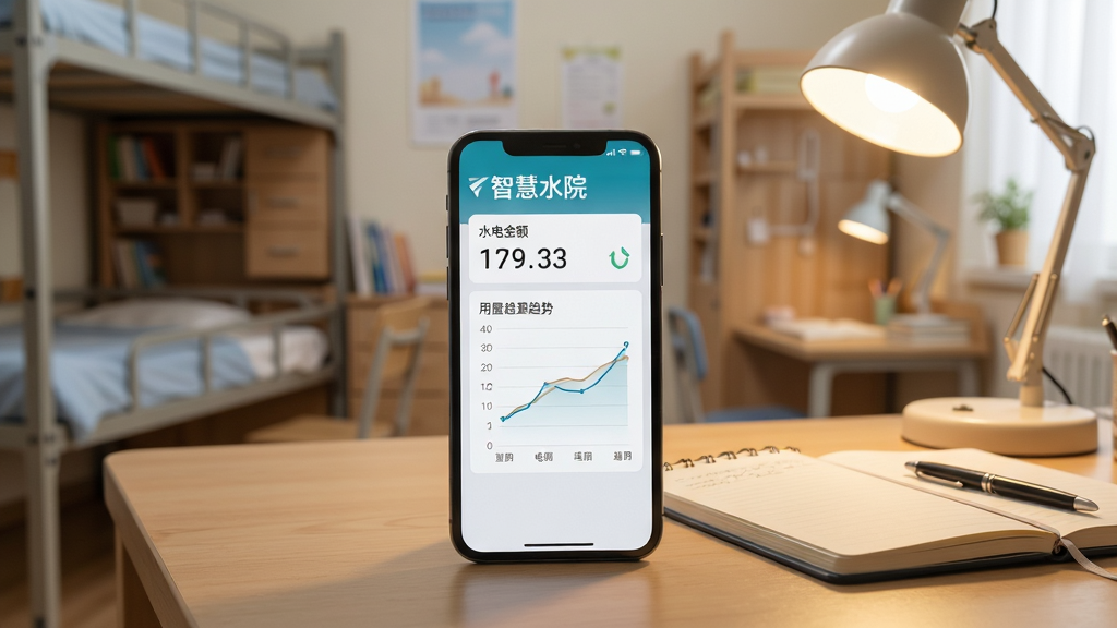 手机屏幕显示“智慧水院”余额查询界面,界面中有清晰的水电余额数字和用量趋势折线图,手机放置在书桌上,旁边有笔记本和台灯,背景为温馨的学生宿舍环境,风格简约明亮,布局自然,细节真实,画质高清,干净无多余元素