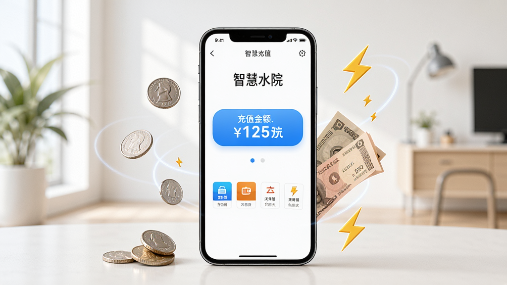一部手机展示“智慧水院”电费充值页面,页面中央有醒目的充值金额按钮和支付方式图标,手机旁有硬币、纸币、闪电符号环绕,背景为明亮简洁的室内场景,风格写实清新,布局居中,细节丰富,画质高清,干净无多余元素