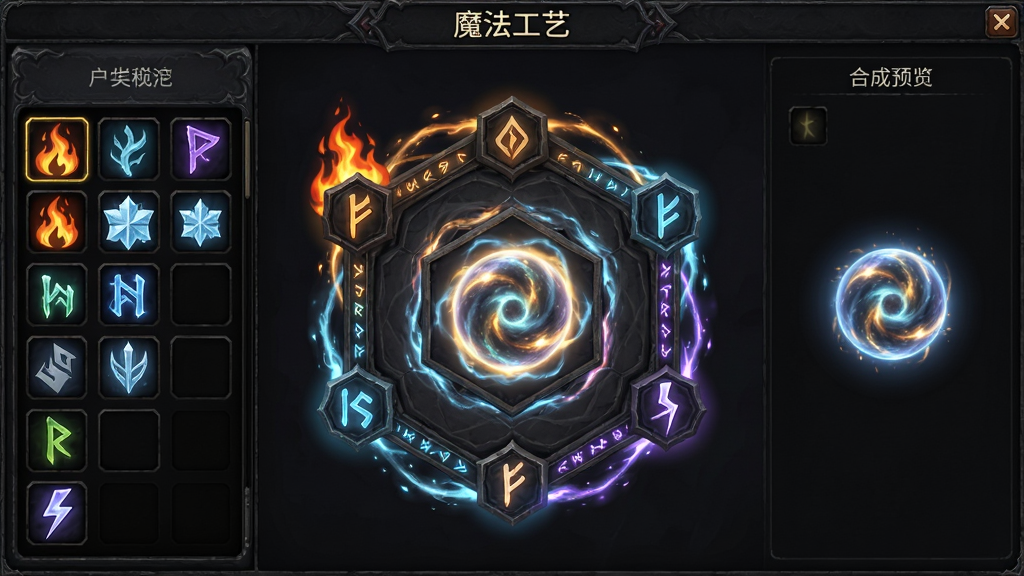 一张展示“魔法工艺”魔法合成界面的游戏截图风格图片,画面中央是一个六边形合成阵,周围环绕着火焰、冰霜、雷电三种元素符文,合成阵中心正在凝聚一颗发光的混合法术球。布局为左右分栏,左侧是符文背包,右侧是合成预览区。排版简洁清晰,风格为暗黑奇幻UI风,细节包括符文上的古老铭文、合成阵边缘的能量流动光效。画质精细,画面干净,无多余元素。