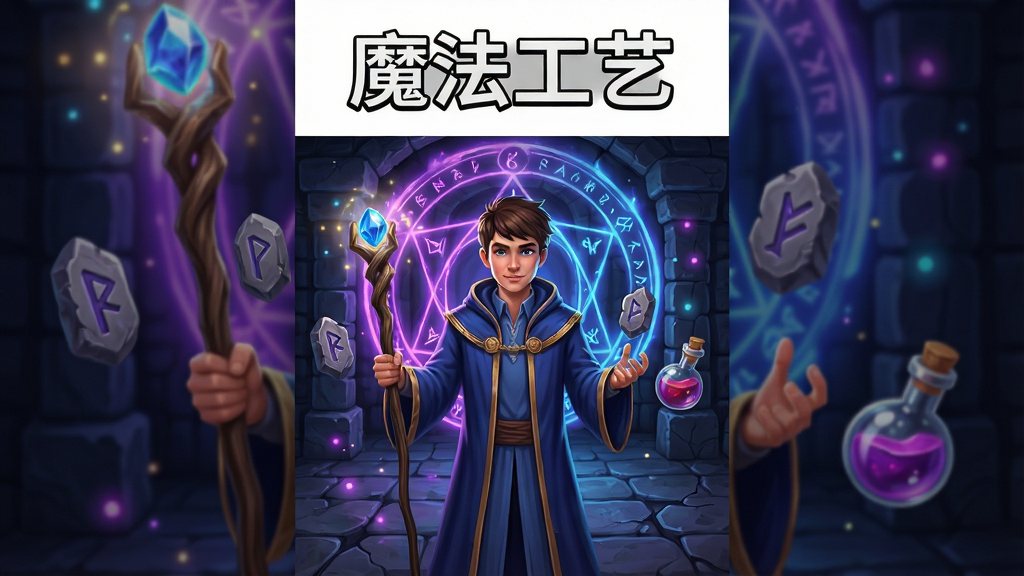 一张以“魔法工艺”为主题的竖版手机游戏宣传图,主体是一位身穿深蓝色法师长袍、手持发光法杖的年轻魔法师,站在幽暗的地牢入口前,身后是散发着紫色与蓝色光芒的魔法阵。布局采用中心对称构图,法师居中,左右两侧漂浮着符文石与药剂瓶。排版上方留白用于放置游戏名称文字。风格为欧美奇幻手绘插画风,细节包括法杖顶端的宝石光晕、地砖上的裂纹、空气中飘浮的魔法粒子。画质高清,色彩饱和度高,画面干净,无多余元素。