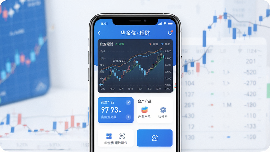 一张展示华金优+理财手机应用主界面的图片,画面中央是一部智能手机,屏幕显示理财应用首页,包含行情走势图、理财产品和功能按钮,背景为简洁的金融蓝白色调,布局清晰,风格现代商务,细节精致,画质高清,干净无多余元素