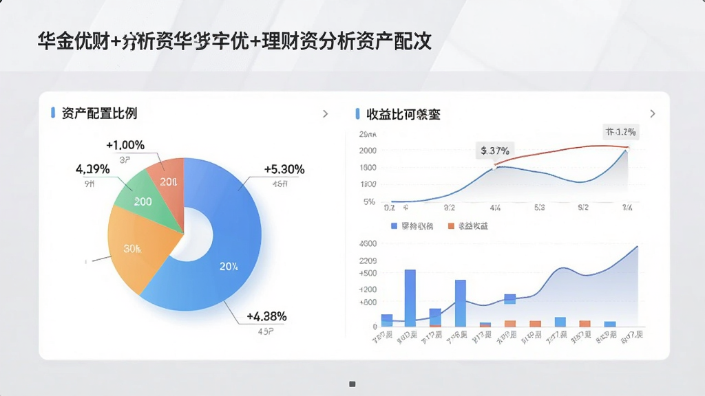 一张华金优+理财资产分析页面的图片,手机屏幕显示饼状图和柱状图展示资产配置比例,画面中有数据面板和收益曲线,背景为浅灰色商务风格,排版整齐,画质高清,干净无多余元素