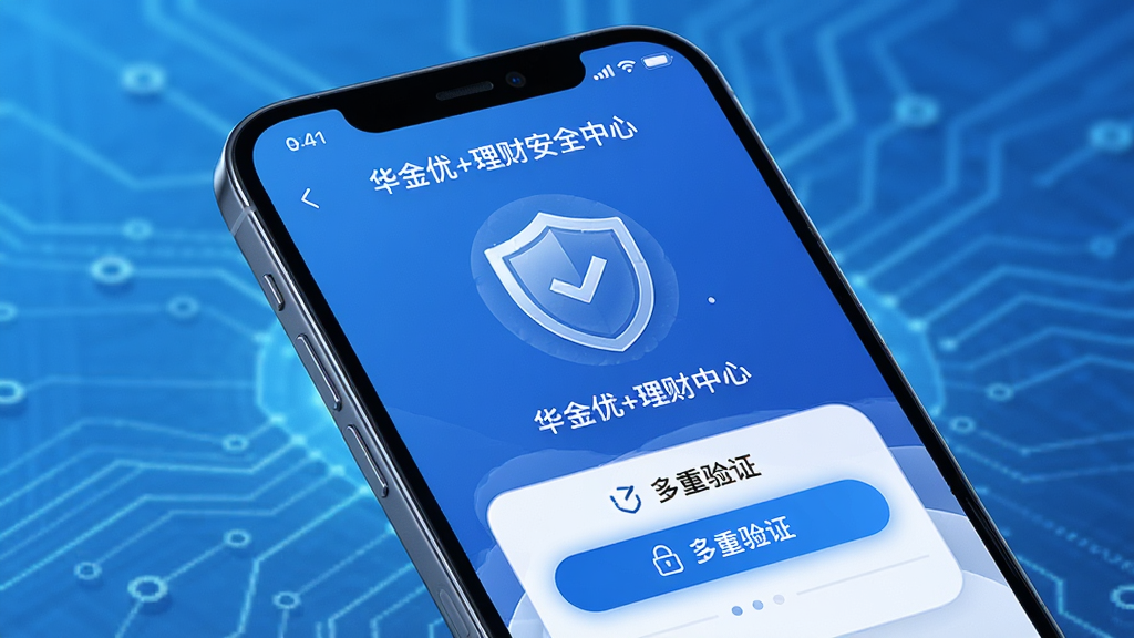 一部手机屏幕显示华金优+理财的安全中心页面,画面中有盾牌图标和多重验证选项,背景为科技蓝风格,布局简洁,细节精致,画质高清,干净无多余元素