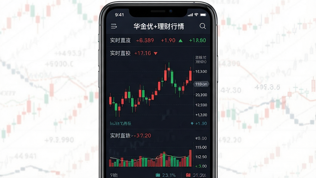一张华金优+理财行情页面的示意图,手机屏幕显示多只股票的实时价格和涨跌趋势图,画面中有红绿K线走势,背景为深色金融风格,排版清晰,画质高清,干净无多余元素