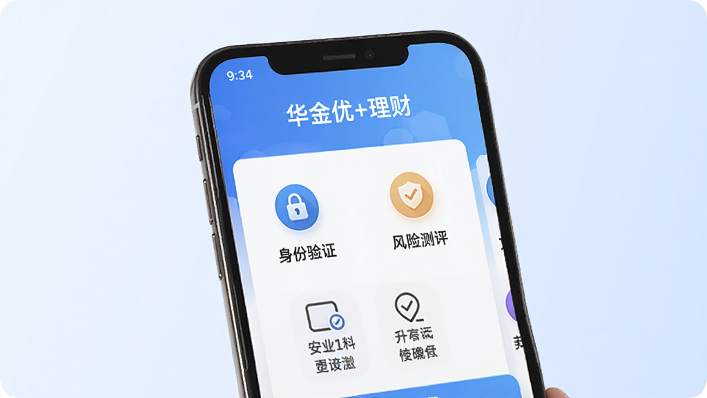 一部手机屏幕显示华金优+理财的开户流程页面,画面中有身份验证、风险测评等步骤图标,背景为淡蓝色渐变,风格简洁专业,布局规整,画质清晰,干净无多余元素