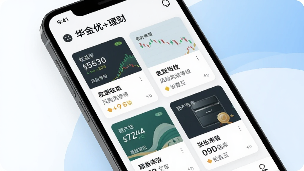 一部手机展示华金优+理财的理财产品列表页面,屏幕上排列着多款基金和理财产品卡片,包含收益率和风险等级标识,背景为白色与浅蓝色搭配,风格清新简洁,画质清晰,干净无多余元素