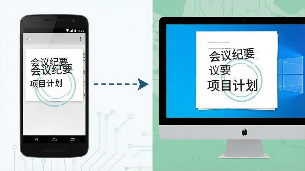 一张展示手机复制文字后在电脑上粘贴的示意图,画面左侧是安卓手机屏幕显示复制的文字内容,右侧是Windows电脑屏幕显示粘贴后的文档,两者之间用虚线箭头连接,布局为左右对比,风格为扁平化科技风,细节包括文字内容为“会议纪要”和“项目计划”,画质清晰干净,无多余元素