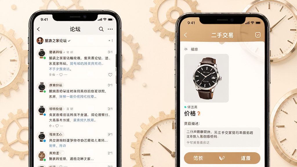 腕表之家论坛与二手交易功能展示图,画面左侧为手机屏幕显示论坛帖子列表与评论互动,右侧为二手交易发布界面,包含腕表图片、价格与描述,背景有淡淡的齿轮与表盘元素,整体风格温暖友好,布局清晰,细节丰富,画质干净,无多余元素