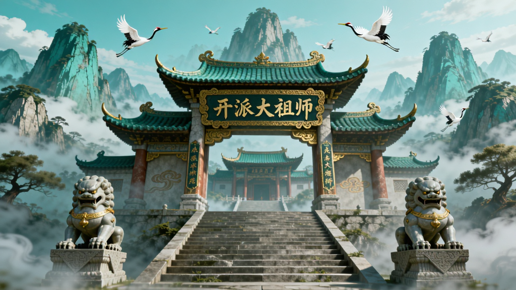 画面中央是一座云雾缭绕的仙侠风格山门,山门匾额上写着“开派大祖师”五个金色大字,山门两侧有石狮镇守,石阶蜿蜒向上通往大殿,远处群山叠翠,天空中有仙鹤飞过,整体采用国风仙侠插画风格,色彩以青绿与金色为主,细节丰富,画质高清,画面干净,无多余元素