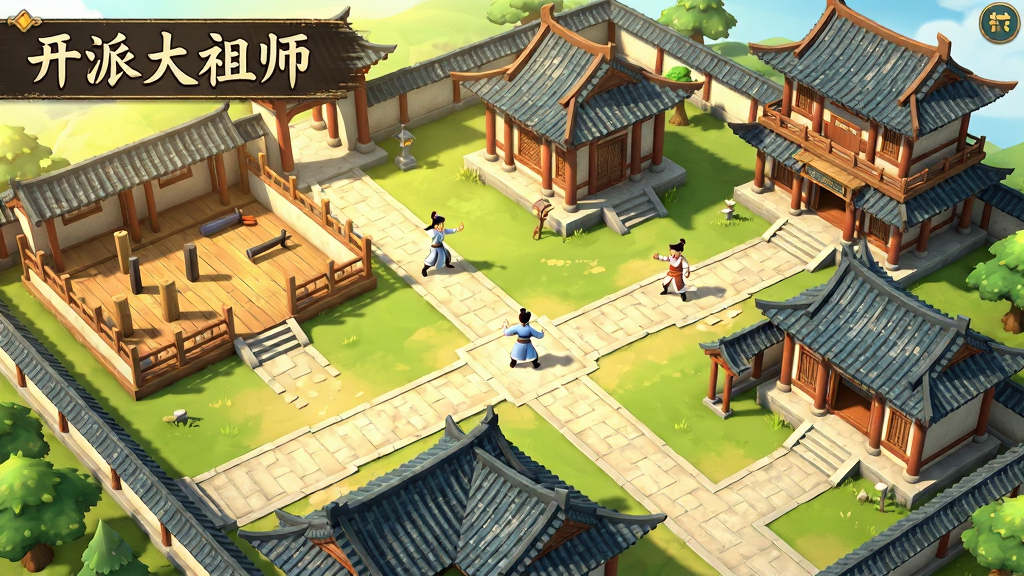 仙侠风格的门派建筑群俯瞰图,画面中有练功房、炼丹阁、藏经楼等不同功能的建筑,建筑之间有小路连接,几名穿着古装的弟子正在练功或交谈,画面左上角有“开派大祖师”的标题文字,整体采用国风模拟经营游戏界面风格,色调温暖明亮,细节清晰,画质高清,画面干净整洁