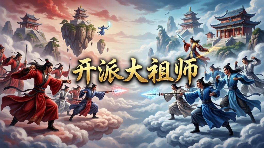 仙侠风格的门派争霸战斗场景,画面中两方穿着不同颜色道袍的弟子在云端对峙,背景是悬浮的仙山与宫殿,画面中央有“开派大祖师”的金色标题,整体采用国风战斗插画风格,色彩以红蓝对比为主,细节丰富,画质高清,画面干净无多余元素