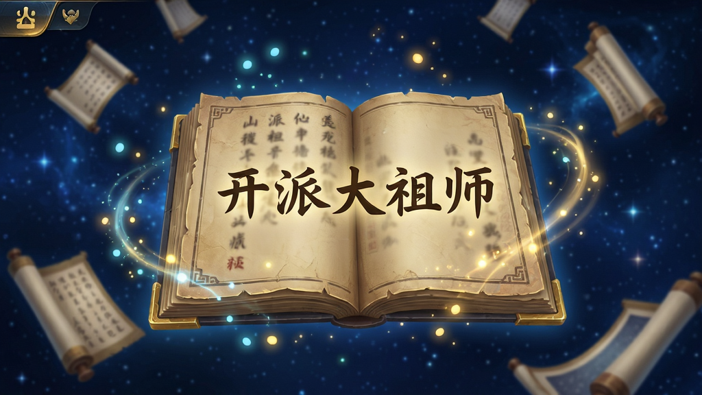 仙侠风格的功法秘籍界面展示图,画面中央是一本展开的古朴书籍,书页上写着“开派大祖师”字样,周围环绕着发光的灵气粒子,背景是深蓝色的星空与漂浮的卷轴,整体采用国风修仙游戏UI风格,色彩以金色与深蓝为主,细节精致,画质高清,画面干净无多余元素