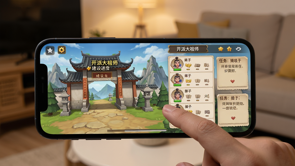 手机屏幕显示开派大祖师游戏界面,画面中有山门建设进度、弟子列表和任务提示,一名玩家正用手指点击屏幕操作,背景是温馨的室内环境,整体采用生活化场景摄影风格,色调柔和,细节清晰,画质高清,画面干净