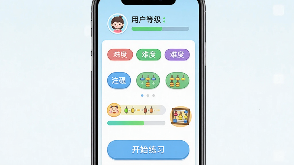 珠心算助教软件内智能题库界面截图,主体为手机屏幕显示分级训练选择页面,布局为顶部显示用户等级,中部为难度选择按钮,底部为开始练习按钮,风格为清新教育类APP界面,细节包括彩色难度标签、进度条、卡通算盘图标,画质高清干净,无多余元素