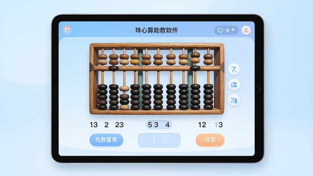 一幅展示珠心算助教软件主界面的图片,主体为平板电脑屏幕,屏幕上显示珠心算助教软件的操作界面,包含算盘图形、数字题目和答题区域,布局为居中展示平板设备,背景为淡蓝色渐变,风格为现代教育科技风,细节包括算盘珠子清晰、界面按钮圆润、色彩柔和,画质高清干净,无多余元素