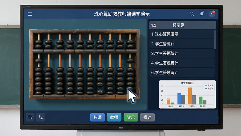 珠心算助教教师端课堂演示界面,主体为教室大屏幕显示算盘演示画面,布局为左侧算盘、右侧题目列表,下方为控制按钮,风格为教育演示类界面,细节包括教师操作光标、学生答题统计图,画质高清干净,无多余元素