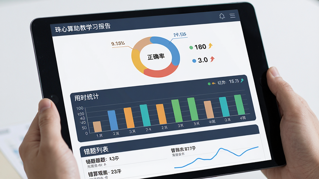 珠心算助教学习报告页面,主体为平板屏幕显示数据图表,布局为顶部环形正确率图、中部柱状用时统计、底部错题列表,风格为数据可视化界面,细节包括彩色图表、数字标注、趋势箭头,画质高清干净,无多余元素