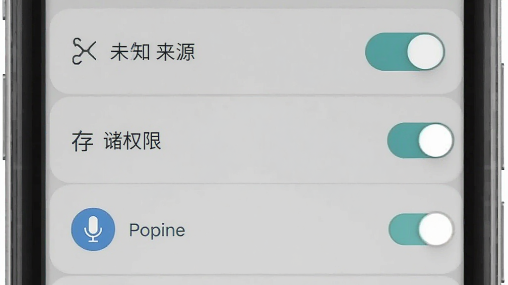 珠心算助教安卓手机安装权限设置示意图,主体为手机设置界面截图风格,布局为从上到下显示权限开关列表,风格为扁平化UI示意图,细节包括未知来源开关、存储权限、麦克风权限图标,画质高清干净,无多余元素