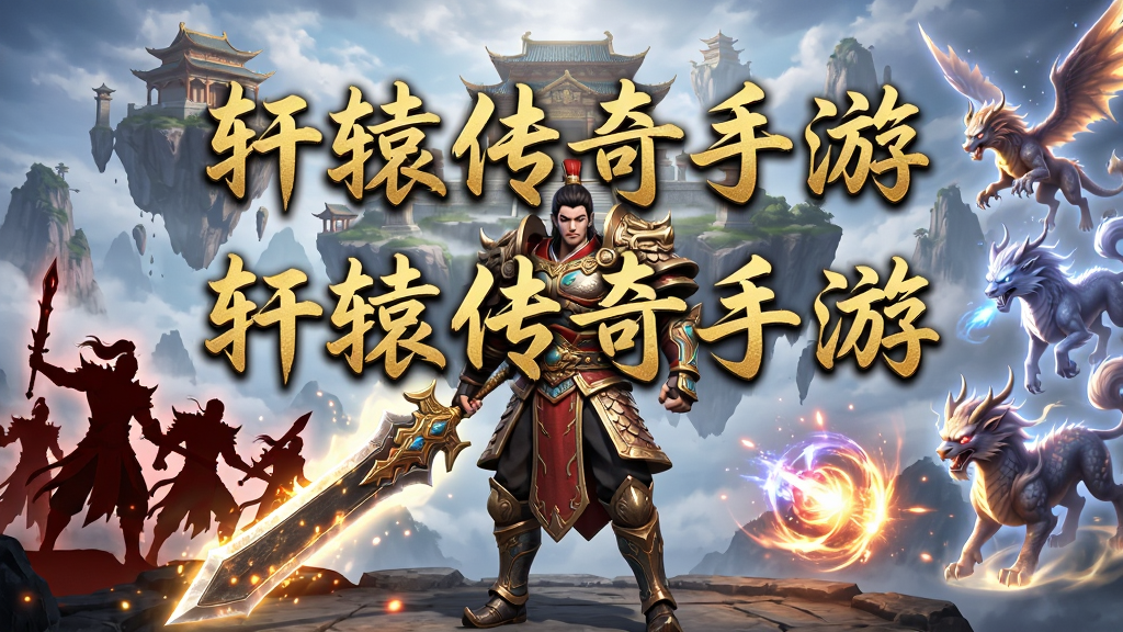 画面主体是一幅宏大的东方玄幻风格游戏场景,中央位置站立着一位身穿华丽上古铠甲、手持发光巨剑的战士角色,背景是云雾缭绕的悬浮仙山与古老神殿,画面左侧呈现血盟兄弟并肩作战的剪影,右侧展示华丽的技能光效与神兽虚影,整体布局采用中心对称式构图,风格为高精度3D游戏CG渲染,细节上注重铠甲纹理、光效粒子与远景层次感,画面中醒目位置用金色毛笔字体写着“轩辕传奇手游”六个大字,画质为4K超高清,干净通透,无多余杂乱元素