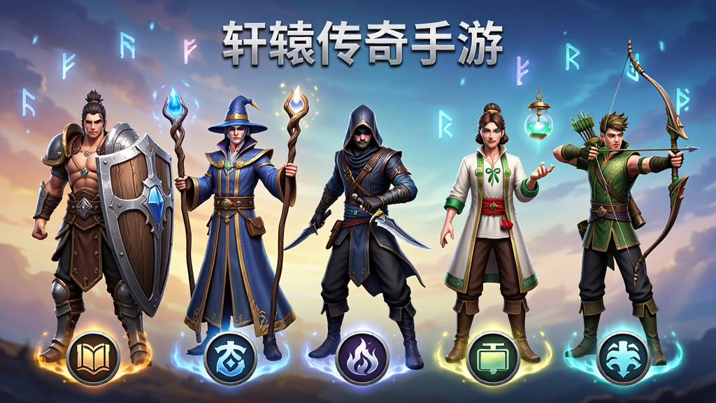 展示五大职业角色并排站立的宣传图,从左到右依次是手持巨盾的战士、手握法杖的法师、双持匕首的刺客、悬壶济世的药师、拉满弓弦的幻弓手,每个角色脚下有对应的职业图标与光效,背景是渐变色的玄幻天空与漂浮的符文,布局采用一字排开的对称构图,风格为高精度3D角色立绘,细节上注重服饰材质、武器光泽与职业特征,画面正上方用银色字体写着“轩辕传奇手游”,画质为超高清,背景干净无多余元素