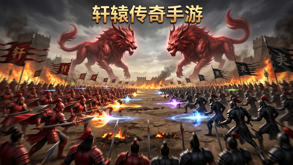 展现万人同屏激战的宏大场面,画面中央是两军对垒的壮观景象,左侧是身穿红色战甲的轩辕阵营,右侧是身穿黑色铠甲的蚩尤阵营,天空中悬浮着巨大的血盟神兽虚影,地面是燃烧的战场与飞舞的旗帜,布局采用宽幅全景视角,风格为史诗级战争CG渲染,细节上注重人群的动态模糊、技能光效的层次感与战场的硝烟氛围,画面顶部用金色字体书写“轩辕传奇手游”,画质为电影级4K,画面干净无杂乱元素