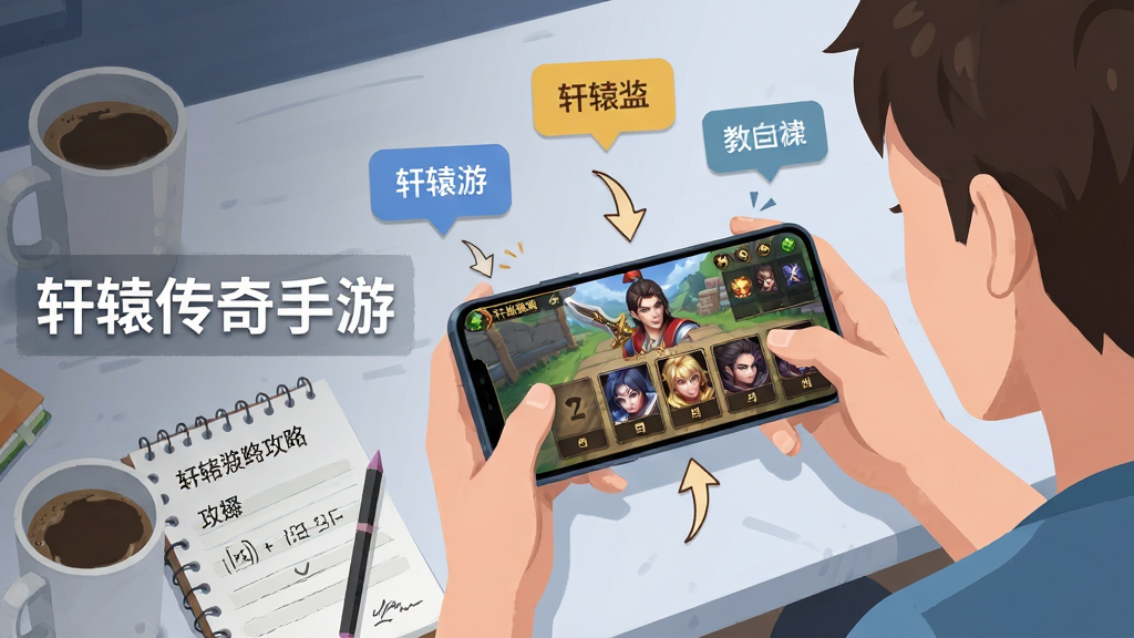 画面展示一位新手玩家坐在手机前专注玩轩辕传奇手游的场景,手机屏幕上显示着角色创建界面与职业选择选项,周围环绕着游戏内的提示气泡与箭头指引,布局采用第一人称视角的桌面特写,风格为扁平化插画风格,细节上注重手机屏幕的UI细节、桌面上的攻略笔记与一杯咖啡,画面左侧用白色字体写着“轩辕传奇手游”,画质为高清,画面干净整洁无多余元素