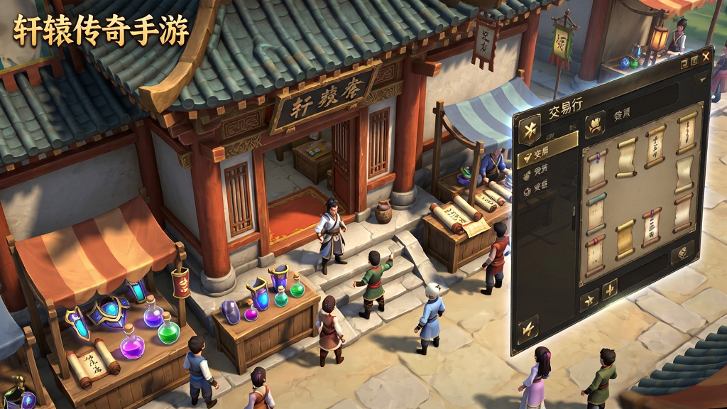 描绘游戏内热闹的交易市场场景,画面中央是一个古色古香的东方交易行建筑,门前摆放着各种摊位,摊位上陈列着发光的装备、药瓶与卷轴,玩家角色们正在讨价还价,画面右侧悬浮着交易行界面UI,布局采用俯视微倾斜视角展现市场全貌,风格为3D国风游戏场景渲染,细节上注重摊位物品的光泽、人群的动态与建筑的雕梁画栋,画面左上角用金色小字标注“轩辕传奇手游”,画质为高清,画面干净无多余元素
