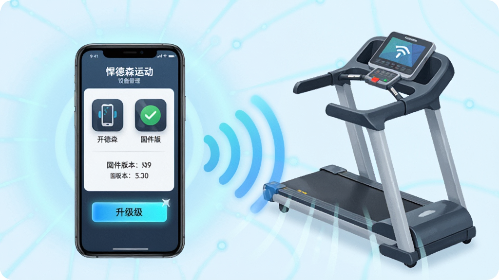 画面展示一部手机与一台跑步机通过无线信号波连接,手机屏幕显示“悍德森运动”设备管理页面,页面中有设备图标、固件版本号和升级按钮。背景为淡蓝色科技光晕。风格为现代科技插画,细节包括无线信号波纹、设备图标上的对勾标记、升级按钮的高亮效果。画质清晰,干净,无多余元素。