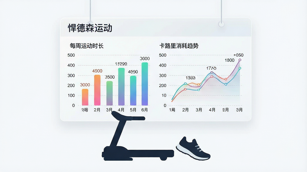 画面主体为一块悬浮的半透明数据面板,面板上显示着“悍德森运动”文字标识,面板中呈现柱状图和折线图,分别展示每周运动时长和卡路里消耗趋势。面板下方有一台跑步机剪影和一双运动鞋。布局为居中对称,风格为清新简约的扁平化设计,细节包括图表上的数值标签、渐变色柱条、虚线网格。画质清晰,干净,无多余元素。