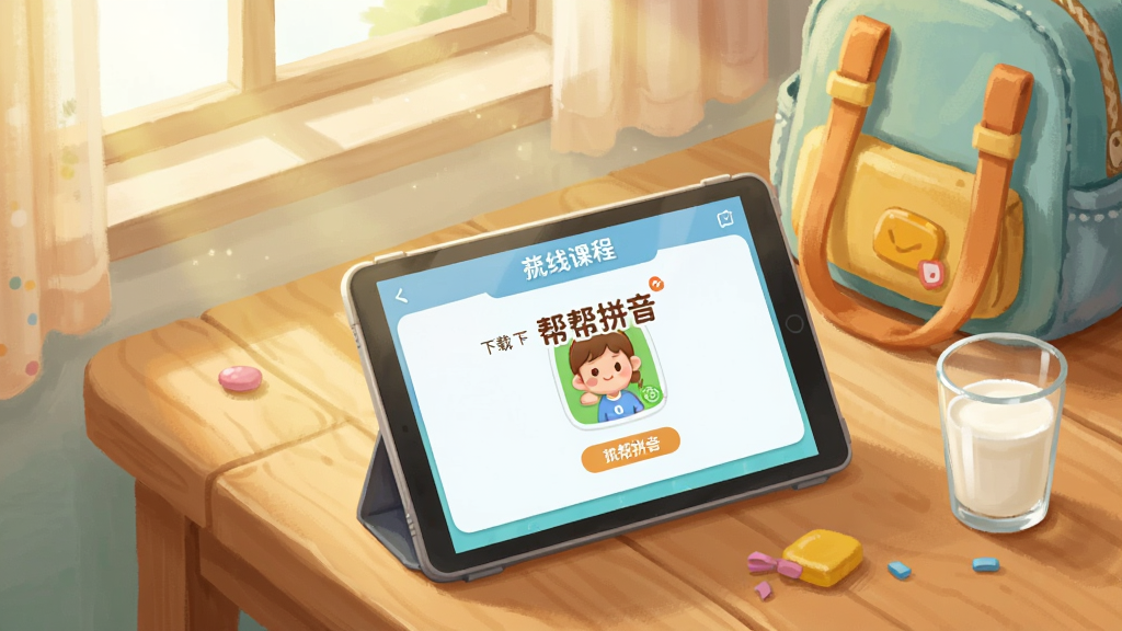 一个儿童房间的书桌上放着一台平板电脑,屏幕上显示