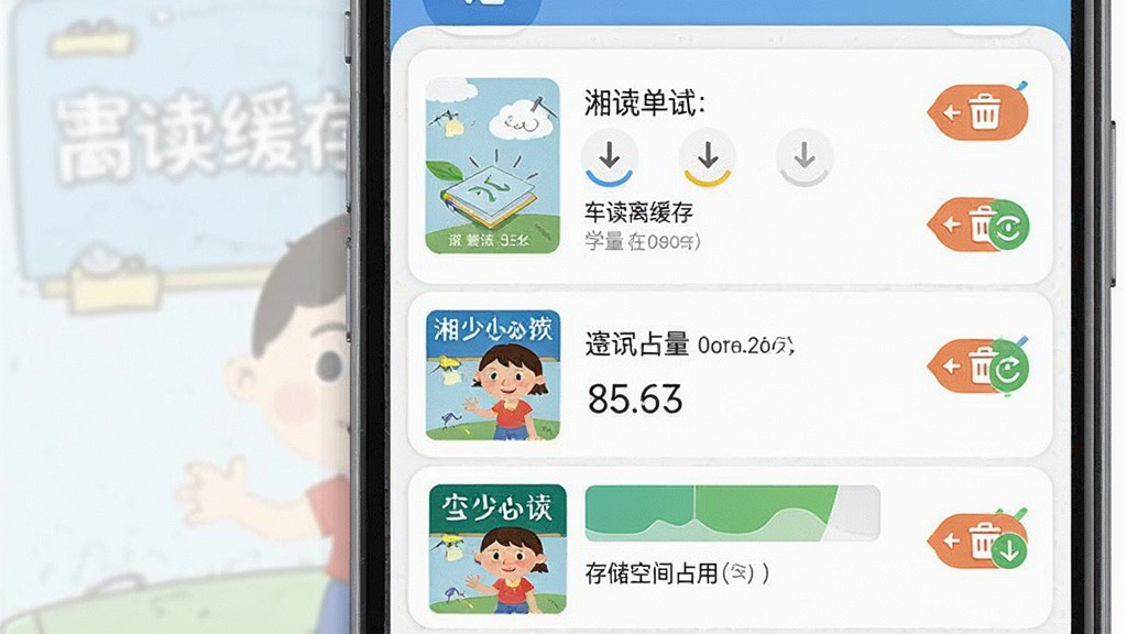 一张展示湘少英语点读离线缓存学习功能的预览图,主体为手机界面,屏幕内显示已缓存单元列表和存储空间占用条,每个单元旁有删除按钮和更新标识;布局为列表式,风格简约实用,细节包含下载进度图标、存储容量数字、单元封面缩略图;画质清晰,干净,无多余元素