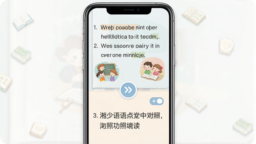 一张展示湘少英语点读中英对照翻译功能的预览图,主体为手机竖屏界面,上半部分为英文课文句子,下半部分为对应的中文翻译,中间有切换箭头图标;布局清晰分栏,风格柔和浅色,细节包含课本插图、翻译开关按钮、句子编号;画质清晰,干净,无多余元素