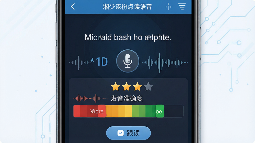 一张展示湘少英语点读语音评测跟读功能的预览图,主体为手机屏幕特写,界面中央显示一段英文句子和麦克风图标,下方呈现语音评分星级与发音准确度色块,红色标注错误单词,绿色标注正确单词;布局上下结构,风格科技感与教育感结合,细节包含声波波形、评分数字、跟读按钮;画质高清,干净,无多余元素