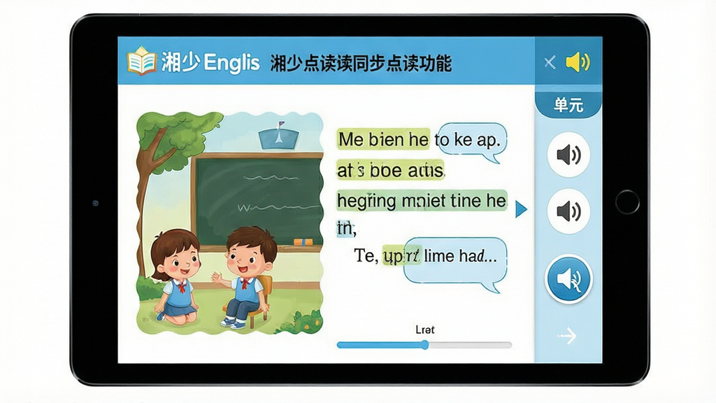 一张展示湘少英语点读课本同步点读功能的预览图,主体为平板电脑横屏展示,屏幕内呈现湘少版英语课本单元页面,页面中英文句子被高亮标注,旁边有喇叭图标和跟读按钮;布局左右分栏,左侧为课文插图,右侧为点读控制区;风格简洁教育风,细节包含单元标题、英文对话气泡、进度条;画质清晰,干净,无多余元素