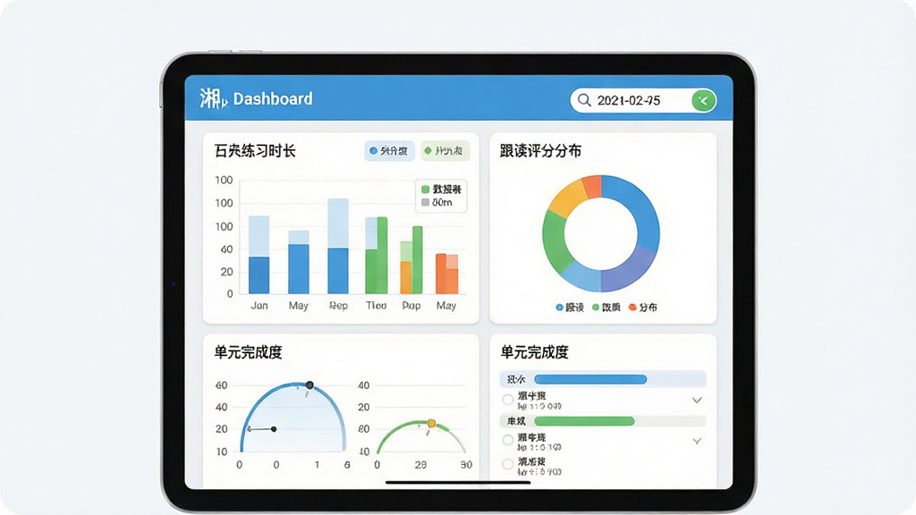一张展示湘少英语点读学习记录追踪功能的预览图,主体为平板电脑界面,屏幕内呈现学习报告页面,包含柱状图展示每日练习时长、环形图展示跟读评分分布、单元完成度列表;布局为仪表盘式,风格现代简洁,细节包含日期选择器、数据标签、颜色区分;画质高清,干净,无多余元素