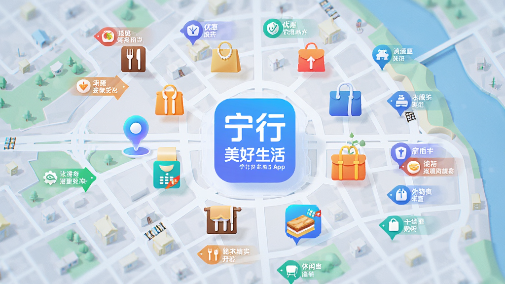 一张AI生成图片,画面主体为一张城市生活消费地图,地图上标注多个商户图标和优惠标签,地图中央有宁行美好生活App的标识,布局采用俯视视角,排版清晰,风格现代科技感,细节包含餐饮、购物、休闲等图标,画质高清,干净无多余元素