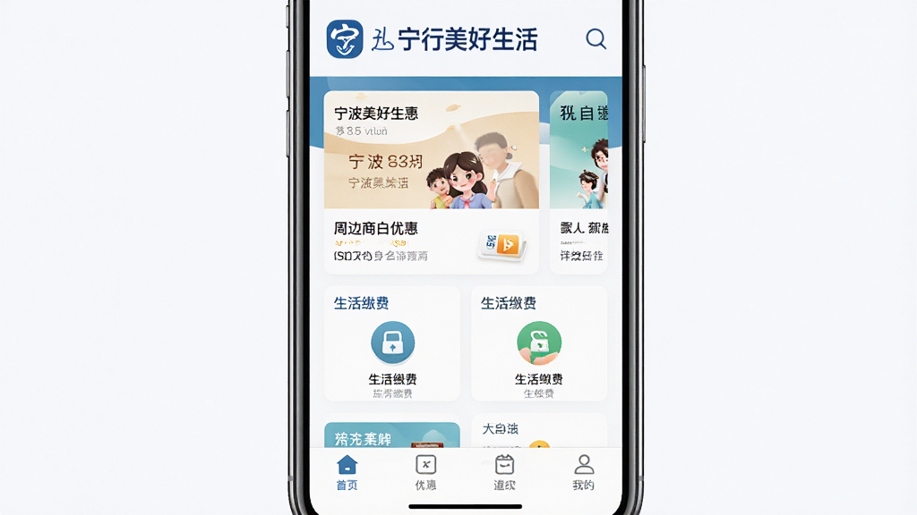 一张手机应用界面展示图,画面中央是一部智能手机,屏幕显示宁行美好生活App的主页,页面顶部有宁波银行标志和宁行美好生活文字,中部展示周边商户优惠卡片和生活缴费入口图标,底部为导航栏,整体布局简洁清晰,风格清新现代,细节精致,画质高清,干净无多余元素