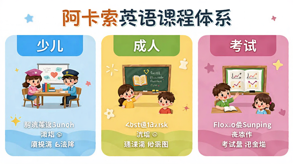 阿卡索英语课程体系展示图,画面分为少儿、成人、考试三个板块,每个板块用不同颜色区分,配有对应的学习场景小图标,整体排版整齐,风格清新活泼,画质高清,无多余装饰