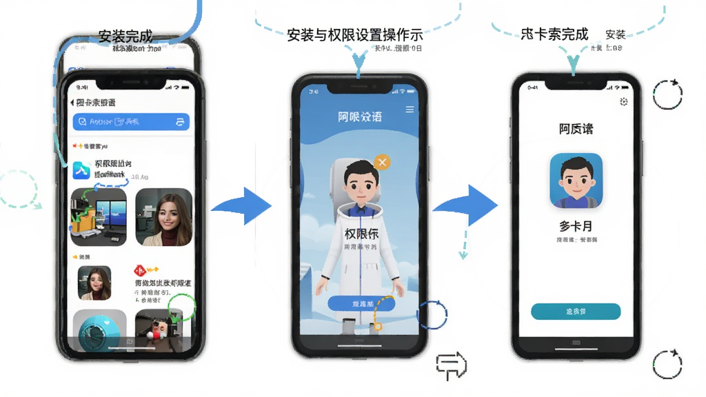 阿卡索英语手机APP安装与权限设置操作示意图,画面展示手机屏幕从应用商店搜索到安装完成的步骤分解,配有箭头指引和文字标注,风格扁平化,画质高清,干净整洁